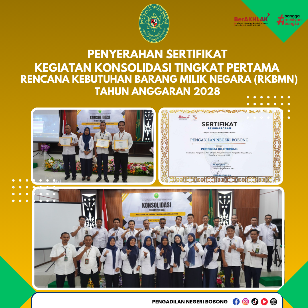 Pengadilan Negeri Bobong Terima Sertifikat Penghargaan pada Kegiatan Konsolidasi RKBMN Tahun Anggaran 2028